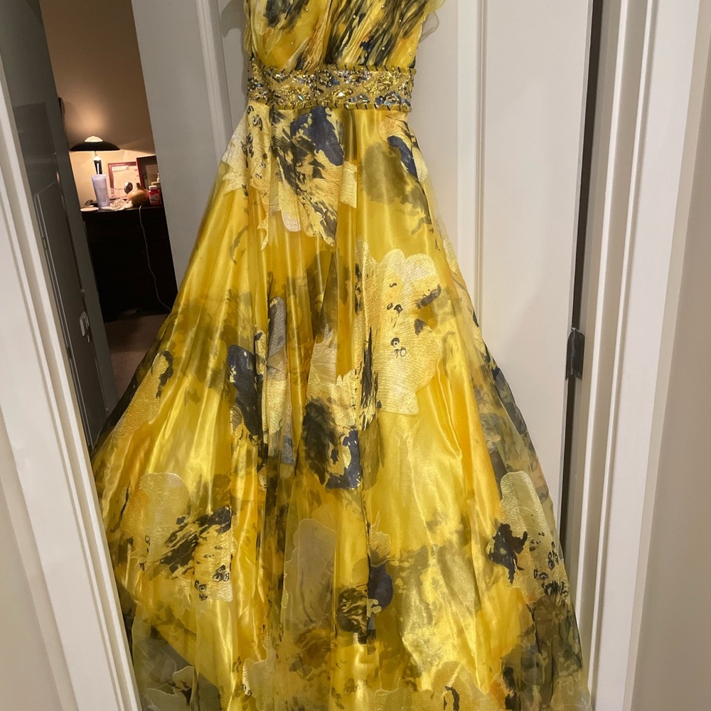 Yellow Floral Gown with Beaded Waist